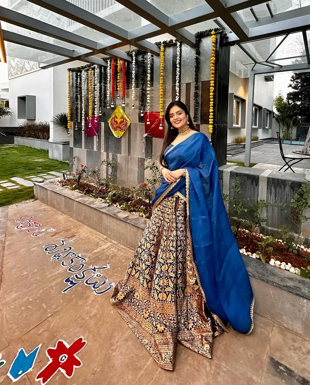 Indian TV Actress Sreemukhi in Traditional Blue Lehenga Choli